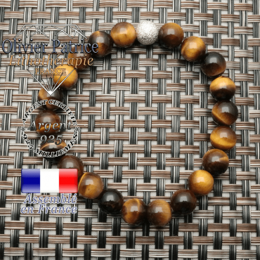 bracelet oeil de tigre et finition strass brillante 
 d’argent 925 en 8 mm