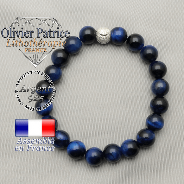 bracelet du sourire de femme argent 925 strass finition brillante et perles oeil de tigre bleues teintées