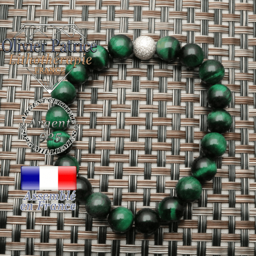 Bracelet oeil de tigre teinte verte et boule strass finition argent 925 unie