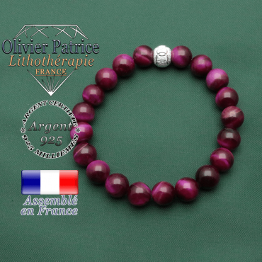 Bracelet anneaux des sportifs JO en argent 925 et pierre oeil de tigre protection teinte violette
