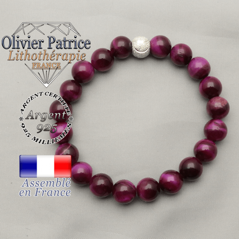 Bracelet du sourire oeil de tigre protection teinte violette et argent 925 brillant
