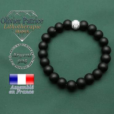 Bracelet naturel agissant contre le stress en onyx naturel couleur mate et argent 925 boule brillante anneaux JO