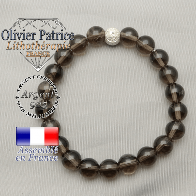 Bracelet pour femme quartz fumé pierres naturelles et strass boule brillante argent 925 sourire