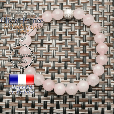 Bracelet uni strass amour et quartz rose en argent 925 brillant