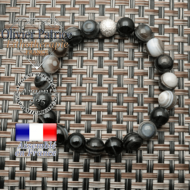 Bracelet sardonyx naturel pour la protection de soi en 8 mm et boule brillante unie argent 925