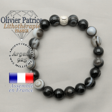 Bracelet naturel de protection en sardonyx et boule strass sourire argent 925