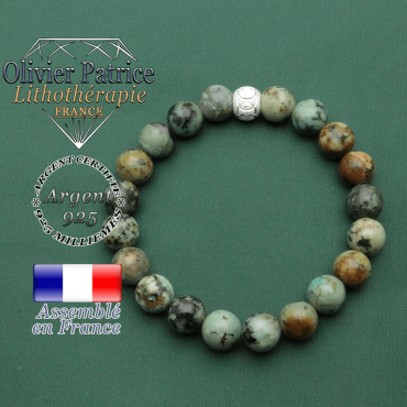 Bracelet naturel turquoise africaine bleue et boule anneaux des olympiques en argent 925 brillant