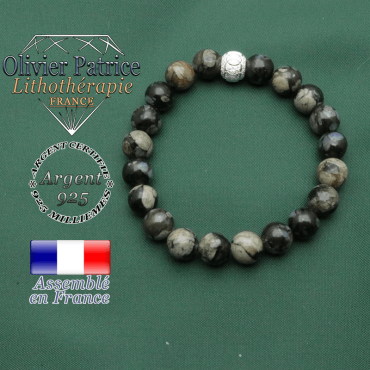 Bracelet opale grise naturelle 8 mm et strass argent 925 ronde avec anneaux des JO gravés