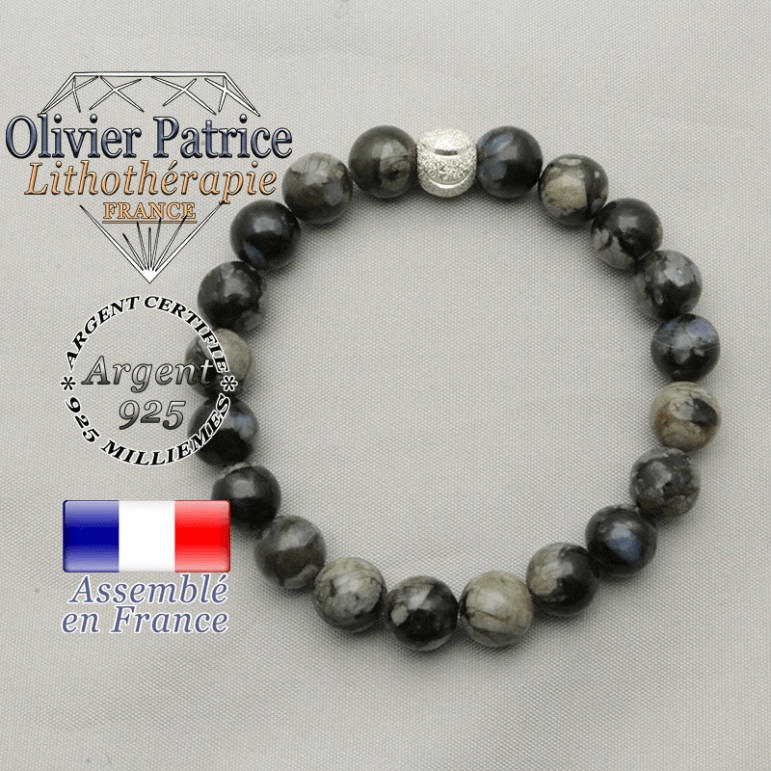 Bracelet sourire en opale grise naturelle et argent 925 strass