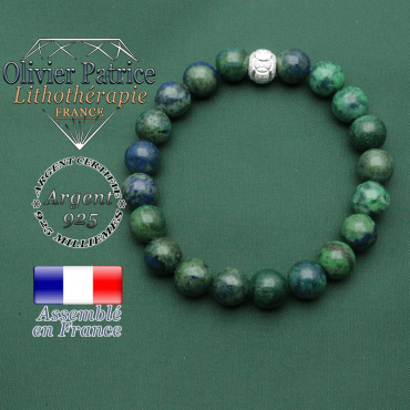 Bracelet naturel azurite malachite et argent 925 strass JO anneaux gravés