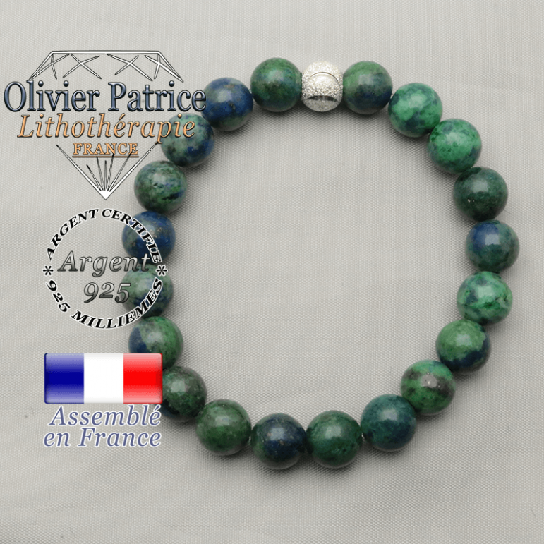 Bracelet naturel en azurite malachite et argent 925 strass brillante et ronde sourire