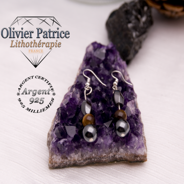 Boucles d'oreilles hematite à facettes et oeil de tigre