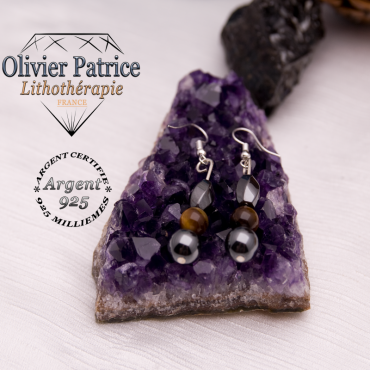 Boucles d'oreilles hematite à facettes et oeil de tigre