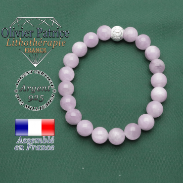 Bracelet en kunzite pierres naturelles et anneaux gravés JO dans boule strass argent brillant 925