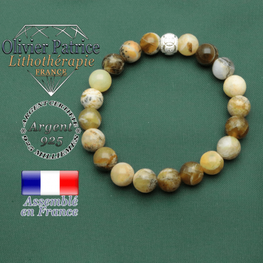 Bracelet naturel pierre d'opale africaine jaune et strass brillant argent 925 anneaux des JO