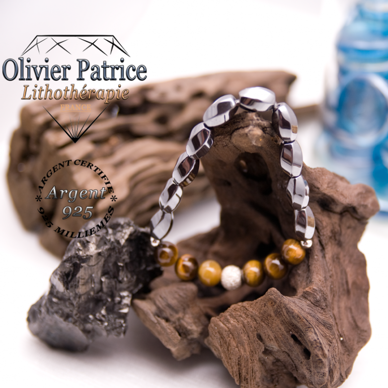 Bracelet hématite, oeil de tigre avec boule brillante en argent 925