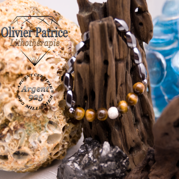 Bracelet hématite, oeil de tigre avec boule brillante en argent 925