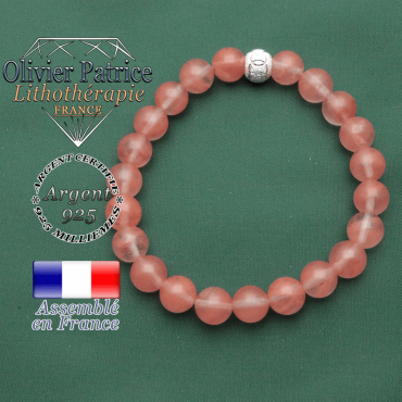 Bracelet femme tourmaline rose naturelle pastèque et anneaux argent 925 strass gravés