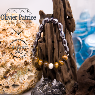 Bracelet hématite, oeil de tigre avec boule brillante en argent 925