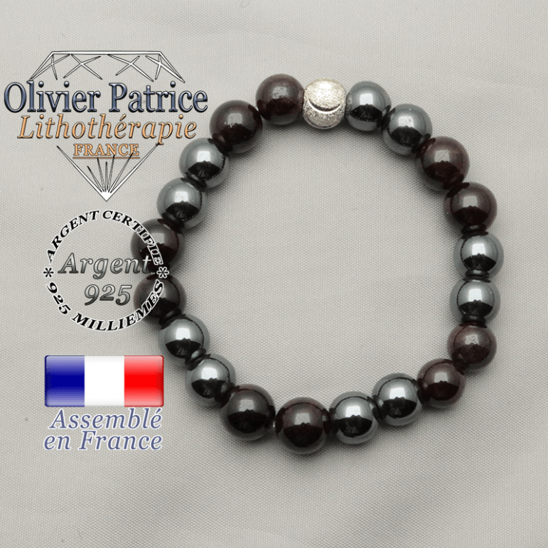 Bracelet naturel grenat et hématite contre la fatigue et le stress et boule strass sourire en argent 925