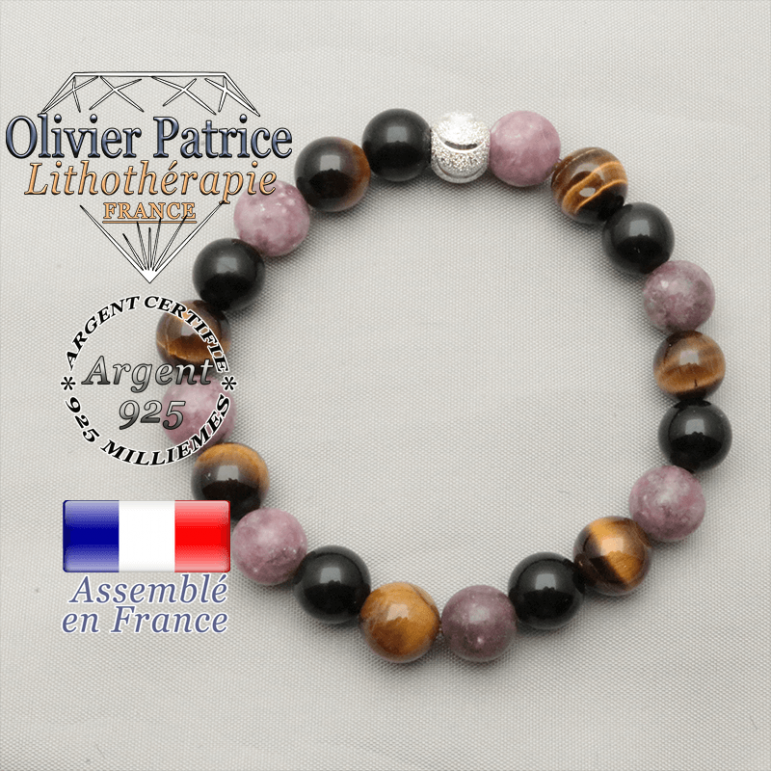 Bracelet 3 pierres de protection pour femme naturelle et boule strass sourire en argent 925