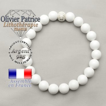 Bracelet jade naturel blanc avec boule strass sourire en argent 925