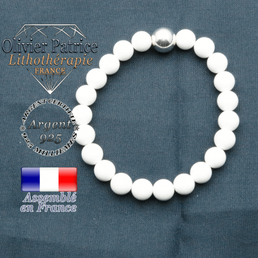 Bracelet de jade blanc et sa boule de 12 mm lisse en argent 925