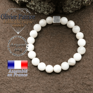 Bracelet jade blanc petit cube 8 mm en argent 925