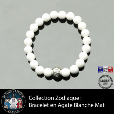 Bracelet agate blanche et son signe astrologique en argent 925 boule zircon