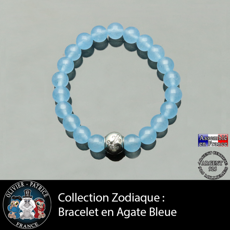 Bracelet agate bleue et son signe astrologique boule zircon en argent 925