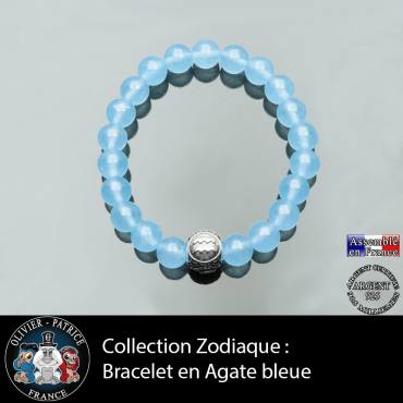 Bracelet homme agate bleue et son signe astrologique boule homme en argent 925