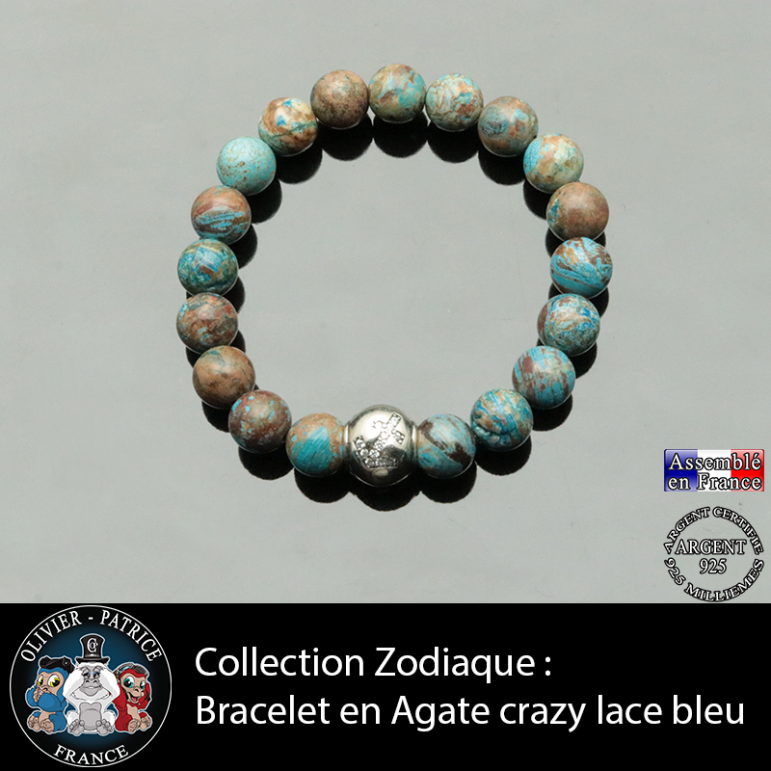 Bracelet agate crazy lace bleu et son signe astrologique boule zircon