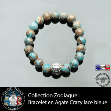 Bracelet homme agate crazy lace bleu et son signe astrologique boule