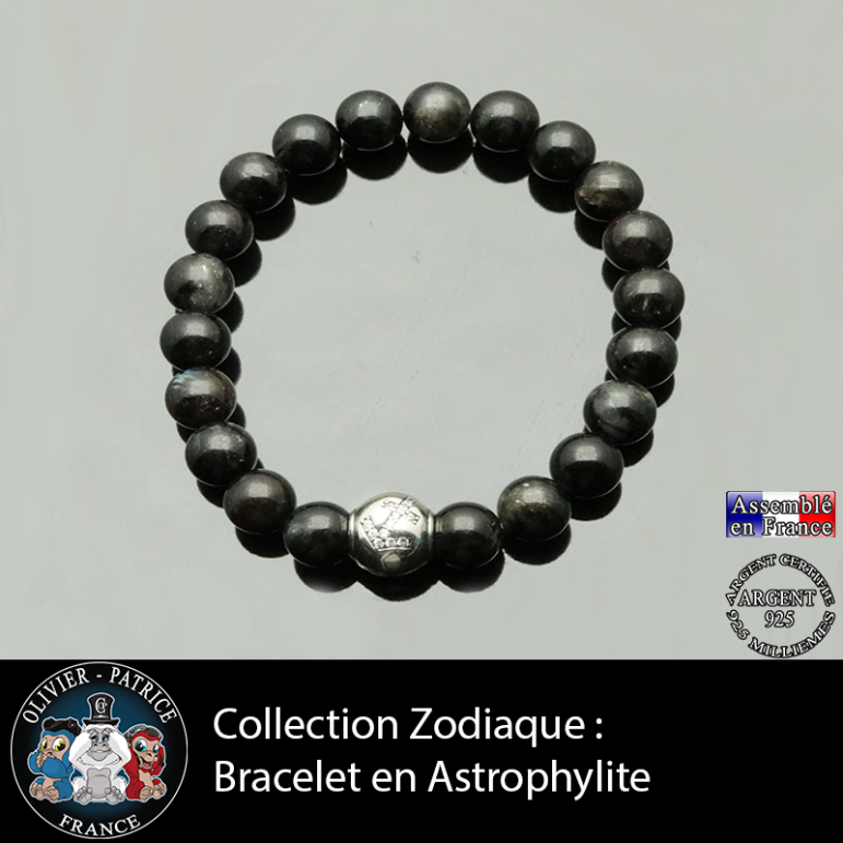 Bracelet astrophyllite et son signe astrologique en argent 925 boule zircon