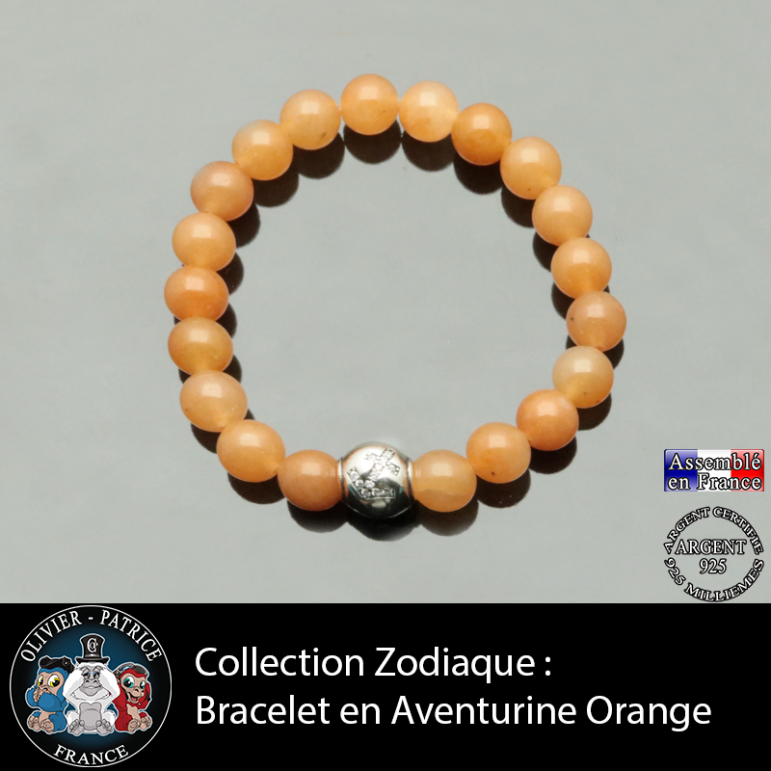 Bracelet aventurine orange et son signe astrologique boule zircon