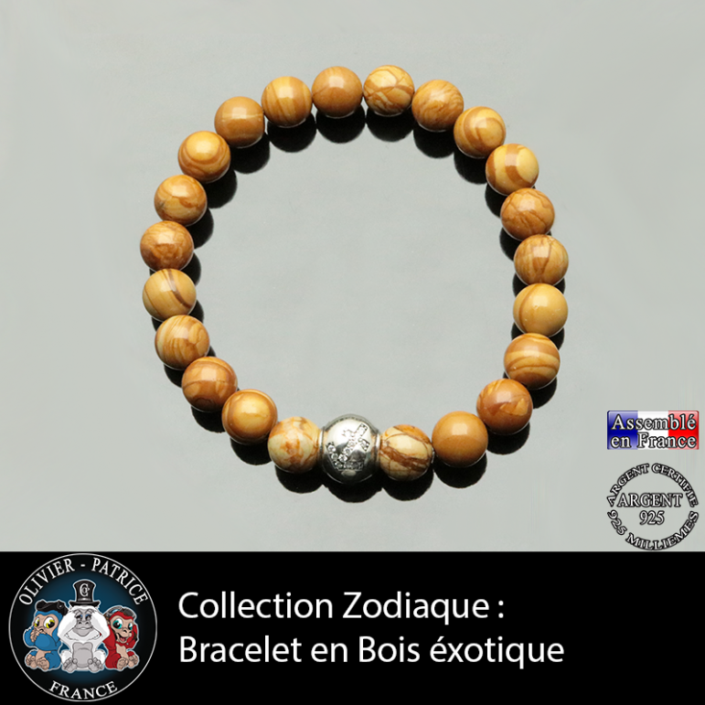 Bracelet bois exotique et son signe astrologique boule zircon