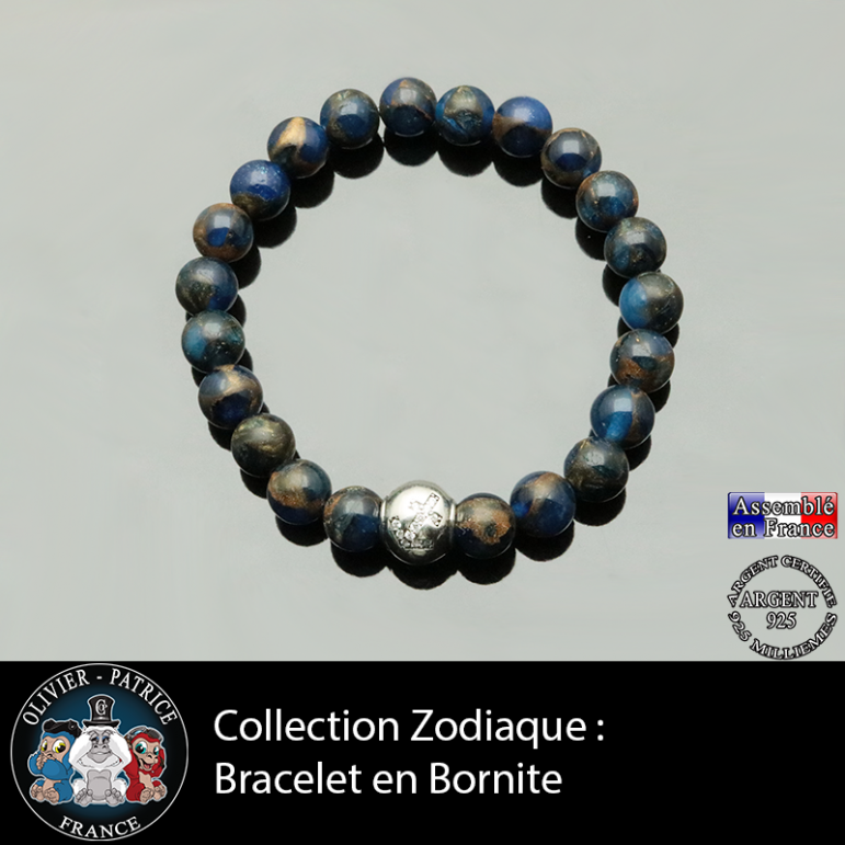 Bracelet bornite bleue foncé et or et son signe astrologique boule zircon
