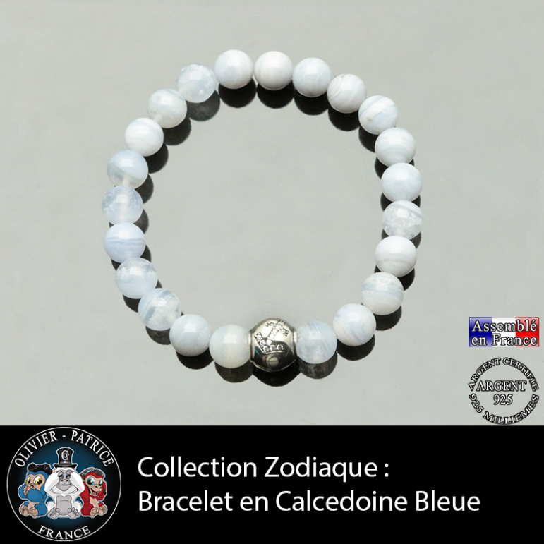 Bracelet calcedoine bleue et son signe astrologique boule zircon