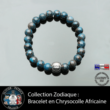 Bracelet pour homme chrysocolle afrique et son signe astrologique boule  3 faces pour homme
