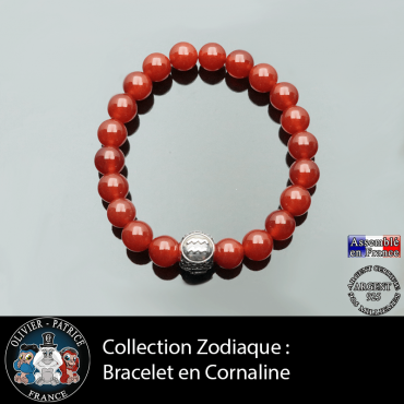 Bracelet homme ou femme en cornaline et son signe astro en forme de boule 3 faces