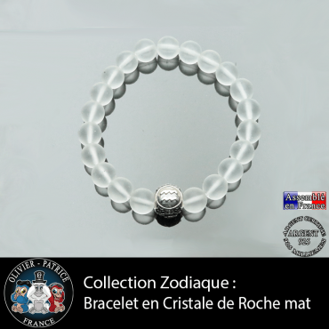 Bracelet pour homme cristal de roche mat et son signe astro en forme de boule pour homme
