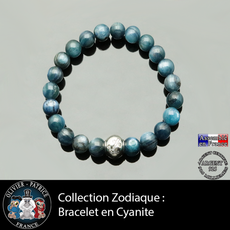 Bracelet cyanite ou kyanite bleue et son signe astrologique boule zircon en argent 925