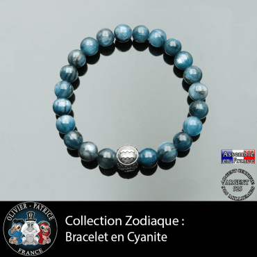 Bracelet pour homme en  cyanite ou kyanite bleue et son signe astrologique boule en argent 925