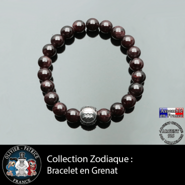 Bracelet homme en grenat et son signe astro pour homme boule 3 facettes