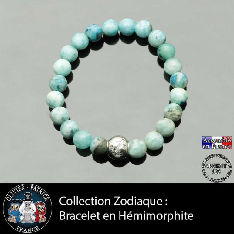 Bracelet hémimorphite et son signe astrologique boule zircon