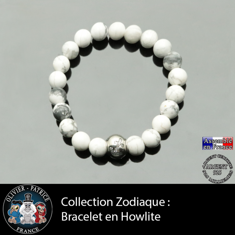 Bracelet howlite et son signe astrologique  boule zircon argent 925