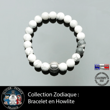 Bracelet homme en howlite et son signe astrologique  boule 3 faces en argent 925