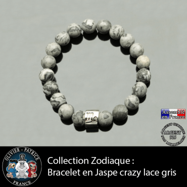 Bracelet en jaspe crazy lace gris naturel et son signe astrologique sur tube argent
