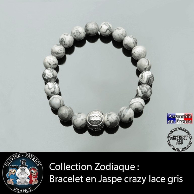 Bracelet jaspe crazy lace gris pierre naturelle avec votre signe astrologique gravé sur boule argent 3 faces