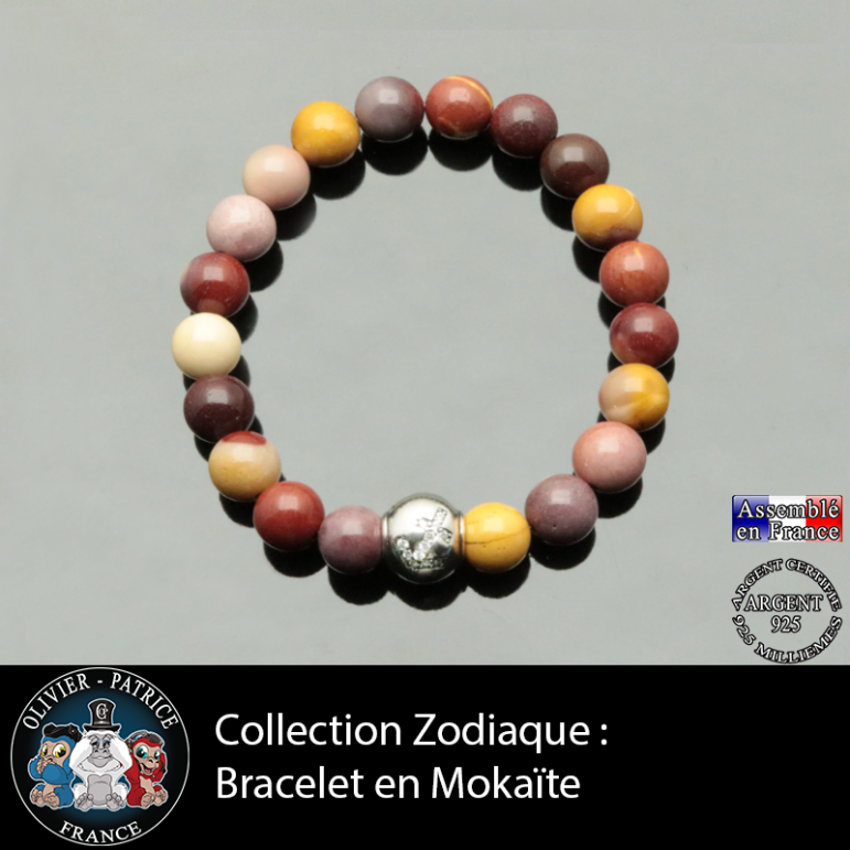 Bracelet jaspe mokaïte et son signe astrologique boule zircon